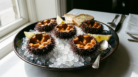 Oursins ouverts sur un lit de glace pilée, cinq langues de corail orange en étoile dans chaque coquille, citron, pain beurré et cuillère
