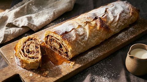 Strudel aux pommes doré sur une planche, une tranche coupée montrant la spirale de feuilles fines, torchon fariné et pot de crème