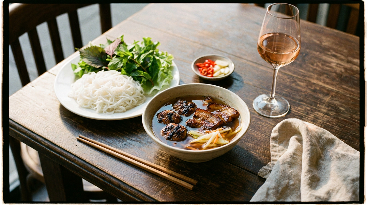 Bun cha de Hanoï, bol de sauce nuoc cham tiède avec boulettes de porc grillées et tranches de poitrine caramélisées, papaye verte marinée, assiette de vermicelles de riz et herbes fraîches, baguettes, verre de rosé