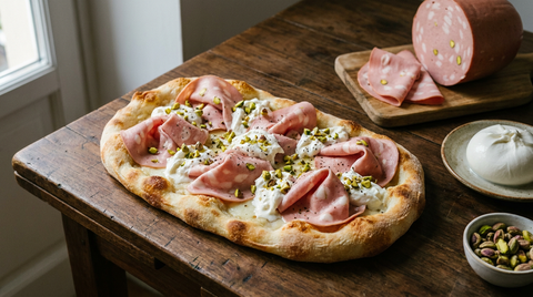 Pinsa romaine ovale à la base blanche, couverte après cuisson de larges plis de mortadelle rose piquée de pistaches, burrata déchirée dont la crème coule, pistaches concassées et poivre, mortadelle entière entamée et bol de pistaches