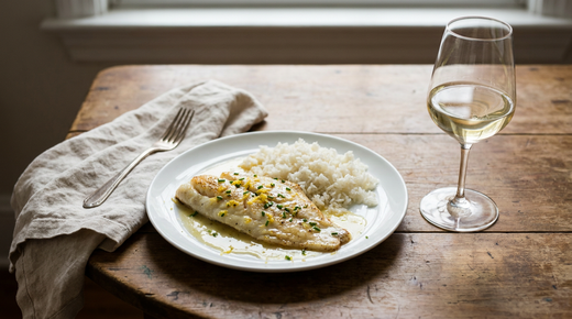 Filet de lieu poché nappé de sauce citron, riz blanc, verre de vin blanc