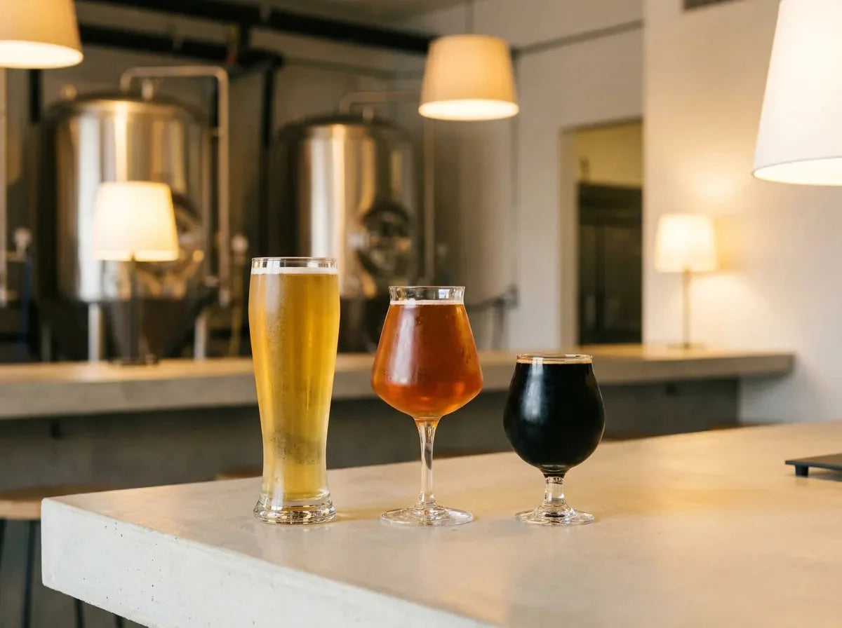 Lager dorée couverte de buée, ale ambrée légèrement fraîche et imperial stout noire sans buée, dans une brasserie artisanale moderne.
