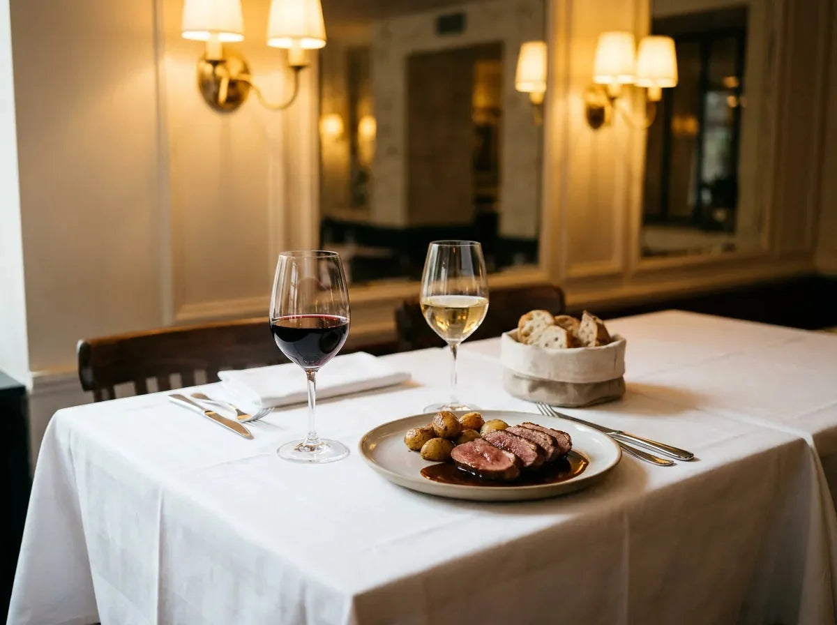 Table de bistrot chic : magret rôti en sauce, un verre de vin rouge rubis, un verre de vin blanc doré et une corbeille de pain.