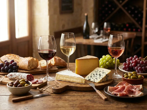 Table d'accords mets et vins : verres de rouge, blanc et rosé avec fromages, charcuterie et pain
