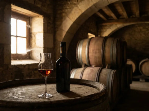 Verre tulipe d'armagnac ambré près de vieux fûts de chêne dans un chai gascon