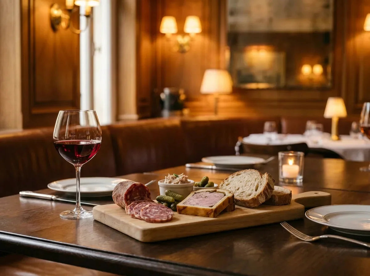 Planche de rosette, pâté en croûte, rillettes et cornichons avec un verre de Beaujolais nouveau rouge cerise, dans un bistrot chic