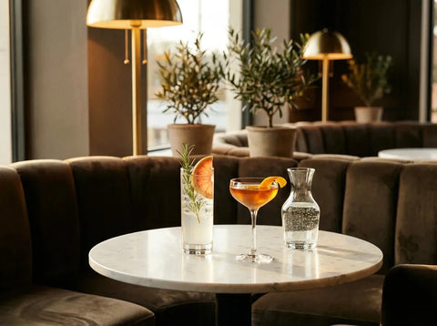 Boissons sans alcool dans un bar chic : un spritz botanique au romarin et pamplemousse, un apéritif ambré en coupe et une carafe de tonic.