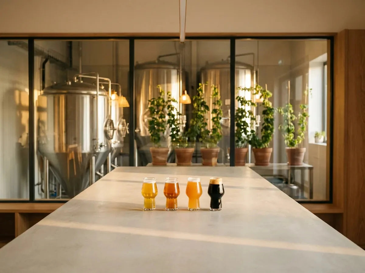 Salle de dégustation d'une brasserie artisanale : quatre bières, blonde, ambrée, IPA trouble et stout, devant des cuves en inox brillantes.