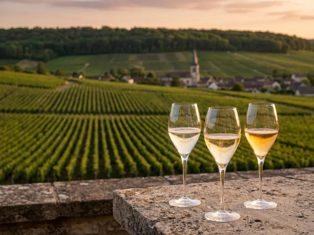 Trois verres de champagne du doré pâle au doré soutenu sur une terrasse, face aux vignes de la Montagne de Reims au soleil couchant.