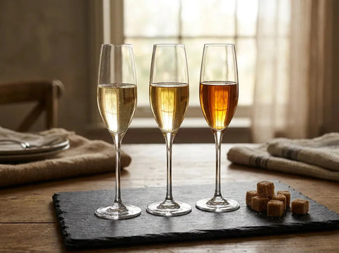 Trois flûtes de champagne alignées aux teintes dorées différentes avec des morceaux de sucre roux sur une ardoise