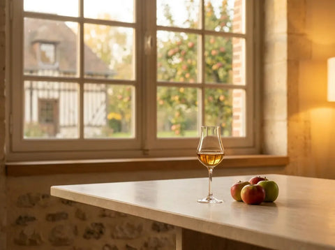 Verre tulipe de calvados ambré et pommes mûres dans une salle de dégustation, verger normand et manoir à colombages en arrière-plan.