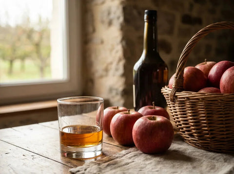 Verre de calvados doré avec pommes fraîches sur une table de ferme normande