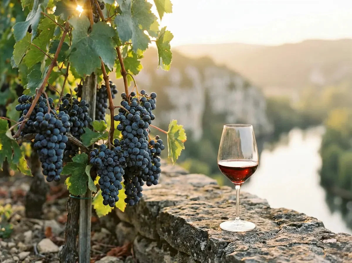 Grappes de malbec mûres aux baies bleu noir sur la vigne, au-dessus de la vallée du Lot, avec un verre de vin rouge grenat sur un muret.