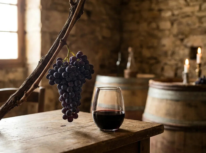 Grappe de raisin malbec violet foncé sur la vigne à côté d'un verre de vin rouge sombre et intense