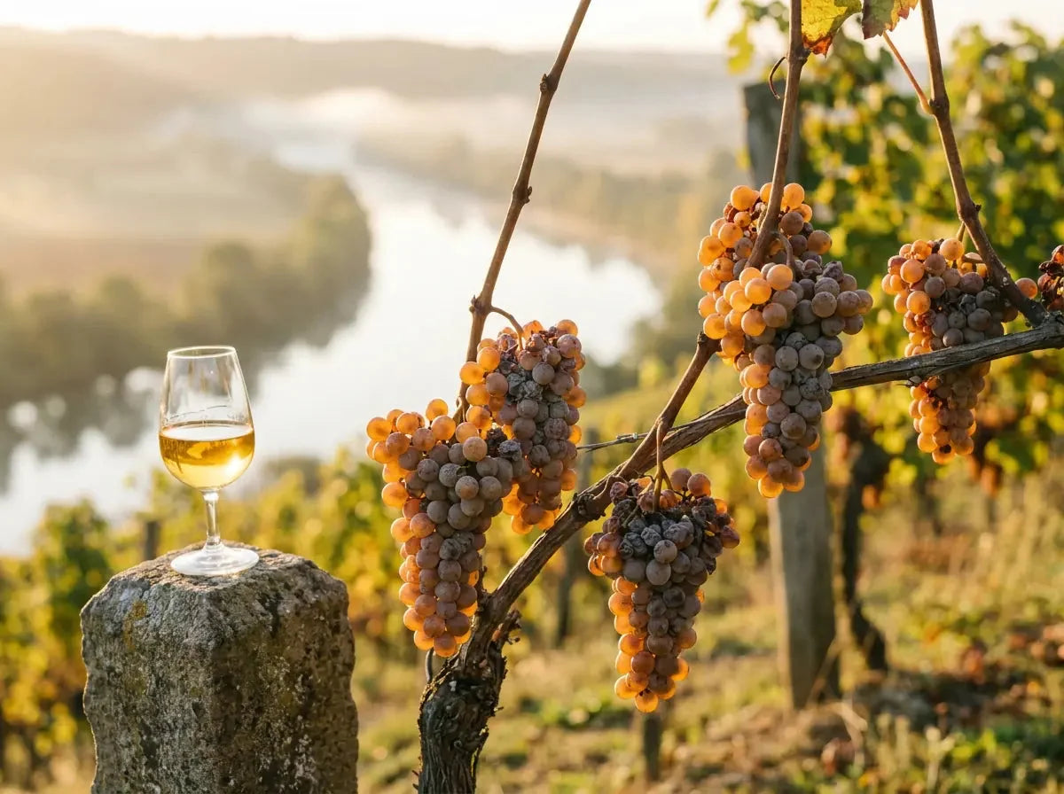 Grappes de sémillon dorées touchées par la pourriture noble au-dessus de la vallée de la Dordogne, avec un verre de vin liquoreux doré.