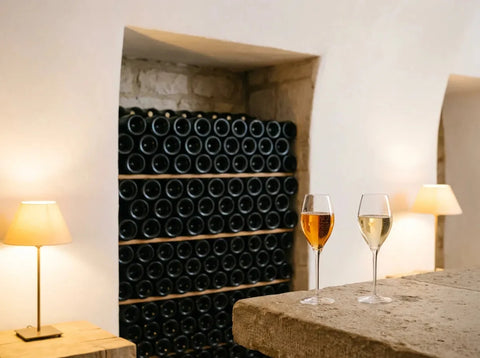 Cave de craie d'une maison de Champagne, bouteilles en vieillissement empilées, avec un champagne millésimé doré et un champagne sans année.