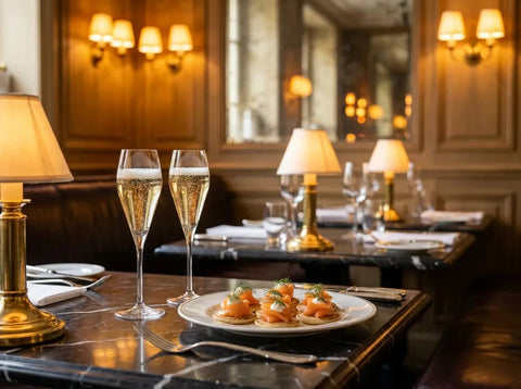 Deux flûtes de champagne doré aux fines bulles et une assiette de blinis au saumon fumé et à l'aneth pour le réveillon, dans un bistrot chic