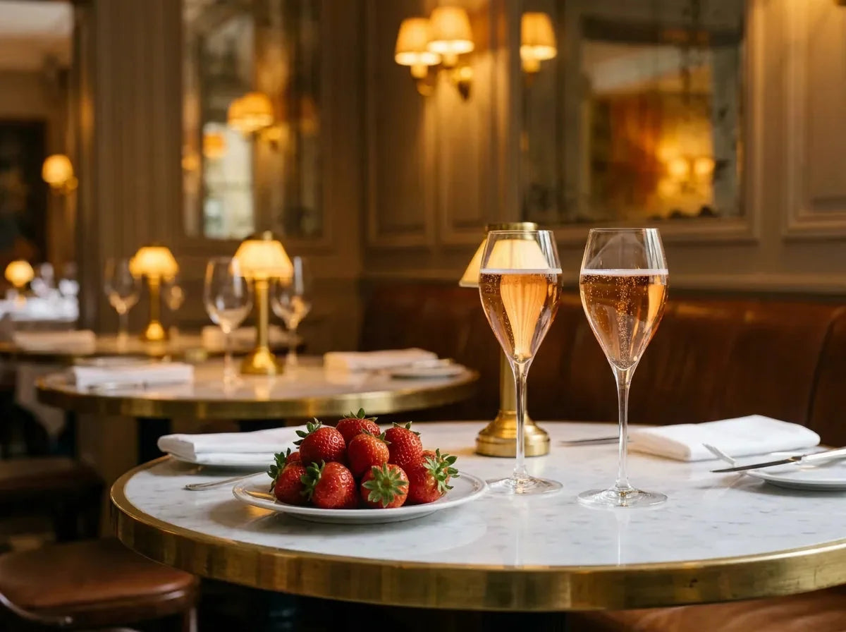 Deux verres tulipe de champagne rosé couleur saumon pâle aux fines bulles, à côté d'une assiette de fraises fraîches, dans un bistrot chic