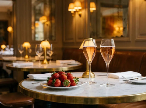 Deux verres tulipe de champagne rosé couleur saumon pâle aux fines bulles, à côté d'une assiette de fraises fraîches, dans un bistrot chic