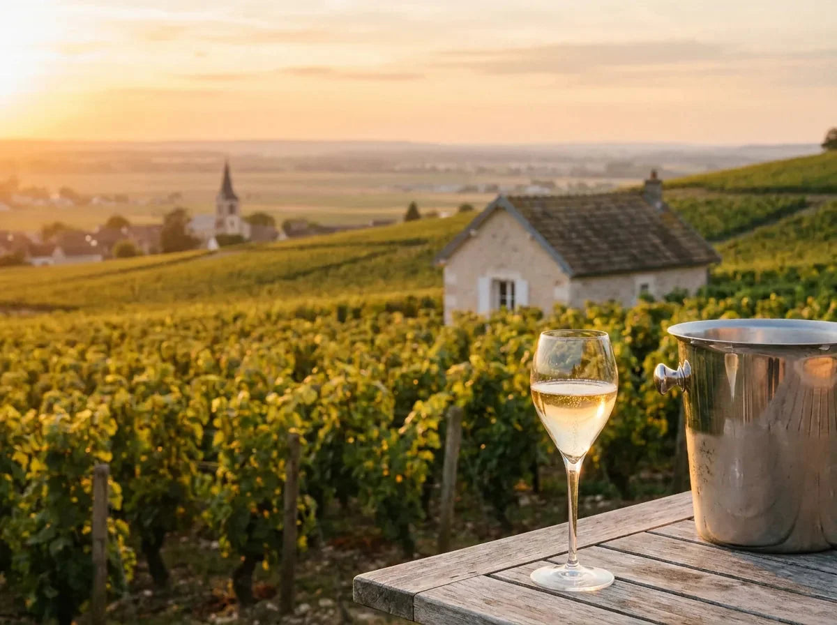 Maison de vigneron en pierre claire au milieu des vignes de la Côte des Blancs au couchant, verre de champagne et seau à glace sur la terrasse.