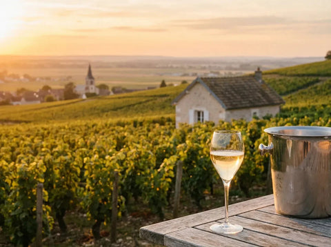 Maison de vigneron en pierre claire au milieu des vignes de la Côte des Blancs au couchant, verre de champagne et seau à glace sur la terrasse.