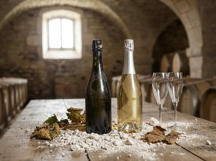 Deux bouteilles de champagne côte à côte avec deux flûtes dans une cave voûtée en pierre, sol crayeux