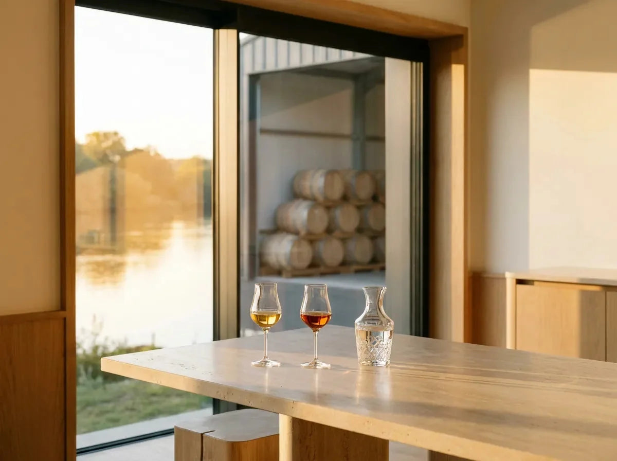 Deux verres tulipes de cognac aux ambres légèrement différents, carafe d'eau, Charente et fûts de chêne rangés en arrière-plan.