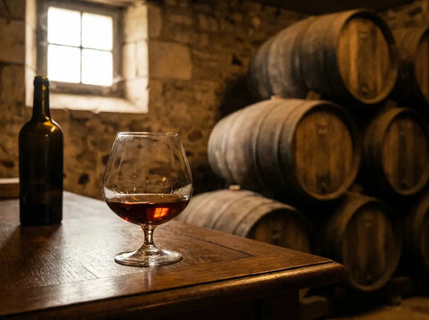 Verre de cognac ambré dans un chai charentais avec fûts de chêne en arrière-plan