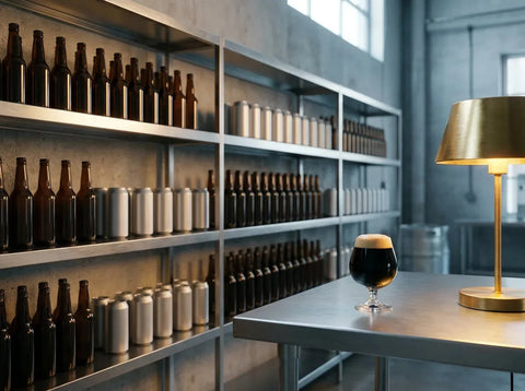 Réserve fraîche d'une brasserie, bouteilles brunes et canettes rangées debout à l'abri de la lumière, verre de stout noire au premier plan.