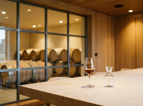 Verre tulipe d'armagnac acajou et carafe d'eau sur pierre claire, avec des fûts de chêne bien rangés dans un chai moderne en arrière-plan.