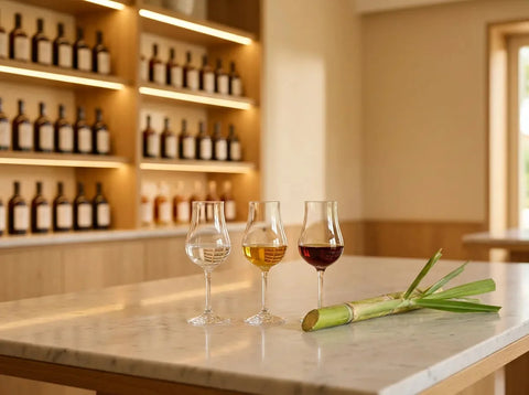 Trois verres tulipes de rhum, blanc agricole, ambré doré et vieux acajou, avec une tige de canne à sucre coupée sur une table en marbre.