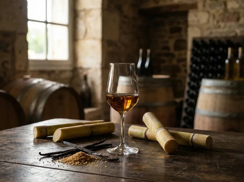 Verre de dégustation de rhum ambré avec canne à sucre fraîche et gousses de vanille sur une table en bois