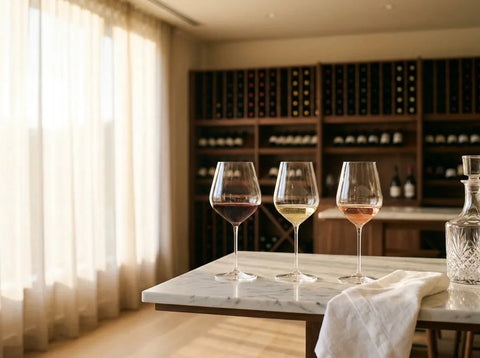 Trois verres de dégustation, rouge rubis, blanc doré et rosé saumoné, avec une serviette blanche et une carafe sur une table en marbre.