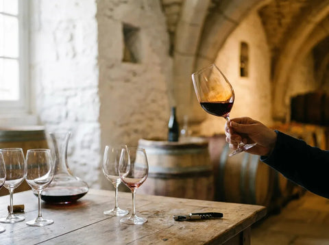 Main inclinant un verre de vin rouge pour observer sa robe, plusieurs verres de dégustation sur une table en bois