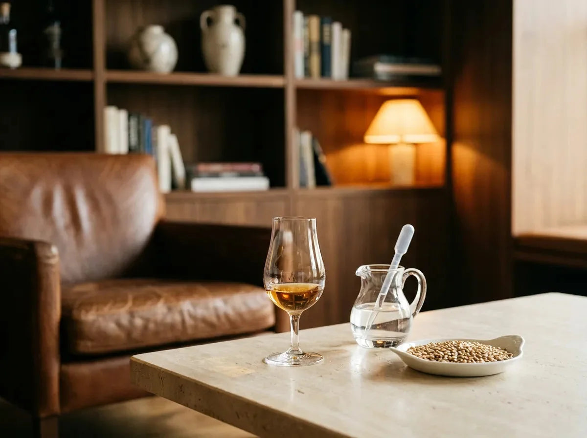Verre tulipe de whisky ambré, petite carafe d'eau avec pipette et coupelle d'orge maltée sur une table de dégustation en pierre claire.