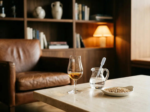 Verre tulipe de whisky ambré, petite carafe d'eau avec pipette et coupelle d'orge maltée sur une table de dégustation en pierre claire.