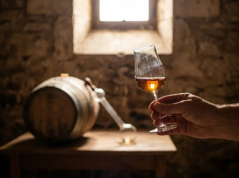 Main tenant un verre tulipe de whisky ambré à la lumière, pipette et fût de chêne dans une cave voûtée