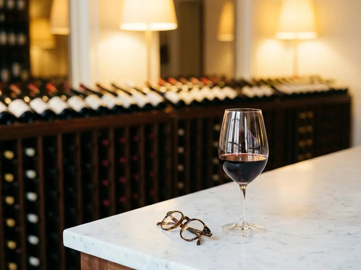 Salle de dégustation de caviste : un verre de vin rouge rubis et une paire de lunettes de lecture sur une table en marbre, casiers flous au fond.