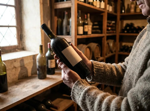 Mains examinant de près une bouteille de vin devant des rayonnages d'une cave