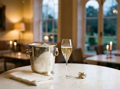 Seau à glace en argent, serviette blanche pliée, bouchon hermétique et verre tulipe de vin effervescent doré sur une table en marbre.