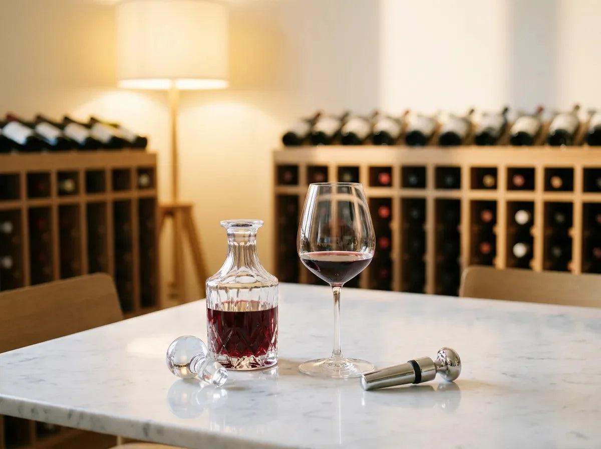 Petite carafe en cristal bouchée remplie de vin rouge rubis, un verre et un bouchon à vide en argent sur une table de dégustation en marbre.