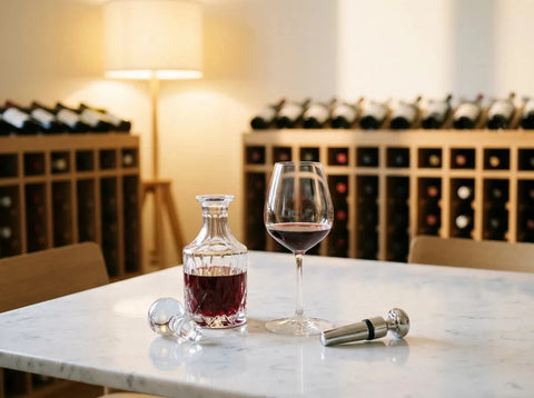 Petite carafe en cristal bouchée remplie de vin rouge rubis, un verre et un bouchon à vide en argent sur une table de dégustation en marbre.