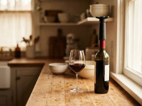 Bouteille de vin rouge ouverte munie d'un bouchon pompe à vide près d'un verre à demi plein sur un plan de travail