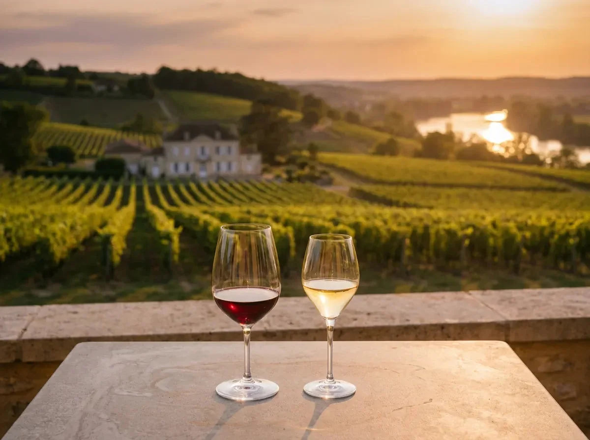 Coteaux de vignes du Bergeracois au-dessus de la vallée de la Dordogne, avec un verre de vin rouge rubis et un verre de blanc moelleux doré.