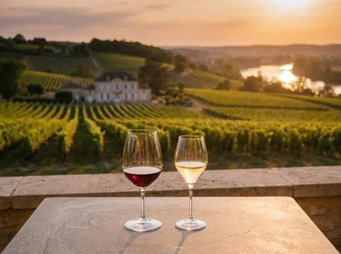 Coteaux de vignes du Bergeracois au-dessus de la vallée de la Dordogne, avec un verre de vin rouge rubis et un verre de blanc moelleux doré.