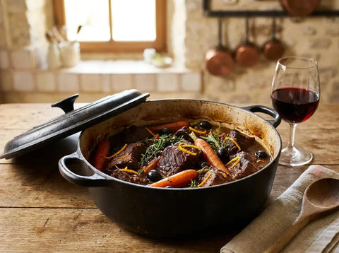 Cocotte en fonte de daube provençale au bœuf, carottes, olives et zeste d'orange, verre de vin rouge