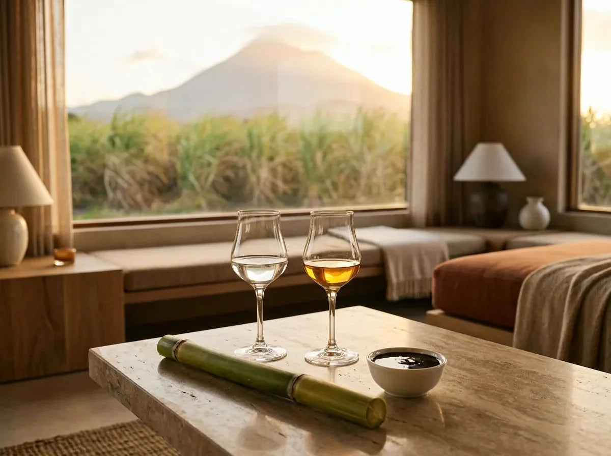 Rhum blanc et rhum ambré côte à côte avec une tige de canne fraîche et une coupelle de mélasse, champs de canne et volcan au fond.