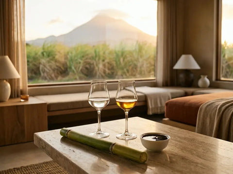 Rhum blanc et rhum ambré côte à côte avec une tige de canne fraîche et une coupelle de mélasse, champs de canne et volcan au fond.