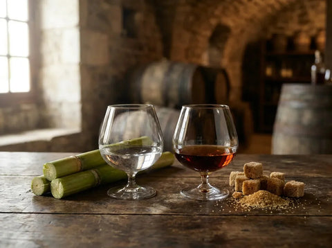 Deux verres de rhum côte à côte, l'un blanc agricole avec canne fraîche, l'autre ambré de mélasse