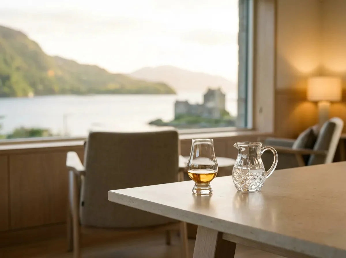 Verre tulipe de single malt doré et carafe d'eau, avec un loch de l'île de Skye, des collines vertes et un château au loin par la fenêtre.